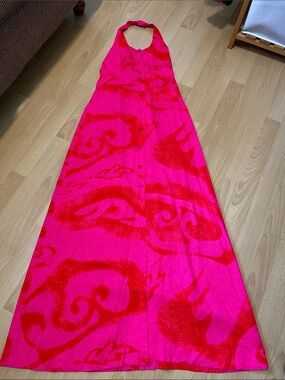Vintage 1970s Fumi’s Original Honolulu Halter Maxi Dress Hot Pink Pattern XS